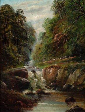 British school (XIX-XX) - Wooded landscape with waterfall,, Antiek en Kunst