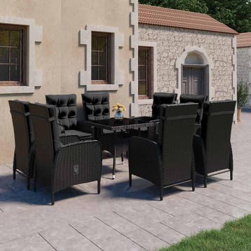 vidaXL 9-delige Tuinset poly rattan en glas zwart, Verzenden, Nieuw, 8 zitplaatsen, Tuinset