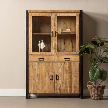 Vitrinekast Mangohout Britt 115 cm, Huis en Inrichting, Kasten | Vitrinekasten, Verzenden, Nieuw, Overige houtsoorten, Industriële meubels