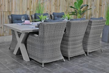 Norwich Tafel 250 Vintage Antique Grey met 6 Delano SHOWROOM, 6 zitplaatsen, Ophalen of Verzenden, Zo goed als nieuw, Wicker