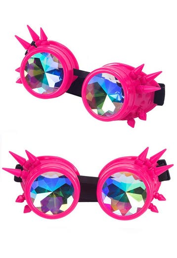 KIMU® Goggles Steampunk Bril Spikes Roze Montuur Caleidoscoo, Ophalen of Verzenden, Nieuw, Feestartikel, Carnaval