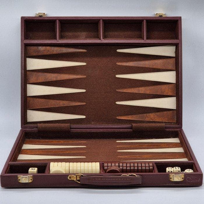 Speeltafel - Backgammon-koffer – kunstleder met speelstukken, Antiek en Kunst, Curiosa en Brocante