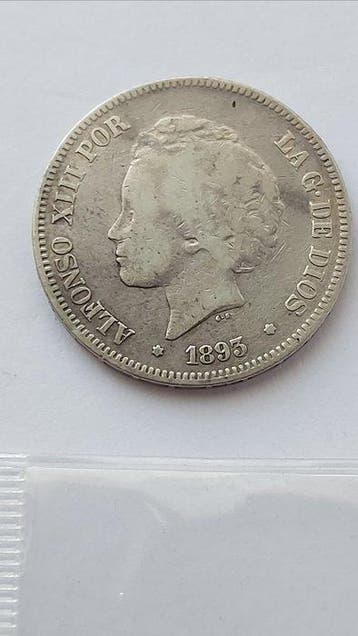 Spanje. Alfonso XIII. 5 Pesetas 1893 PGL (Zonder