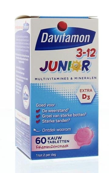 Davitamon Junior 3+ framboos - kauwtabletten 120, Diversen, Verzenden, Nieuw