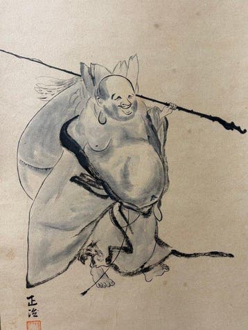 Japanse Hotei hangende rol met kalligrafie  (Lang, Antiek en Kunst