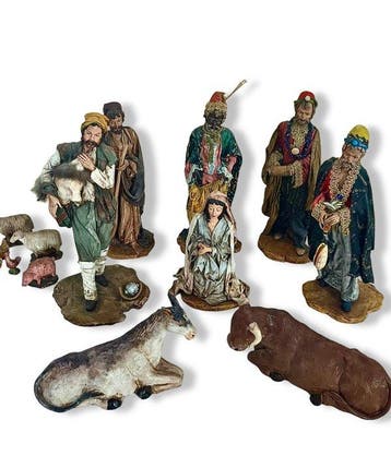 Kerststal Giordano (14) - Aardewerk, Textiel - 14 statuetten, Antiek en Kunst
