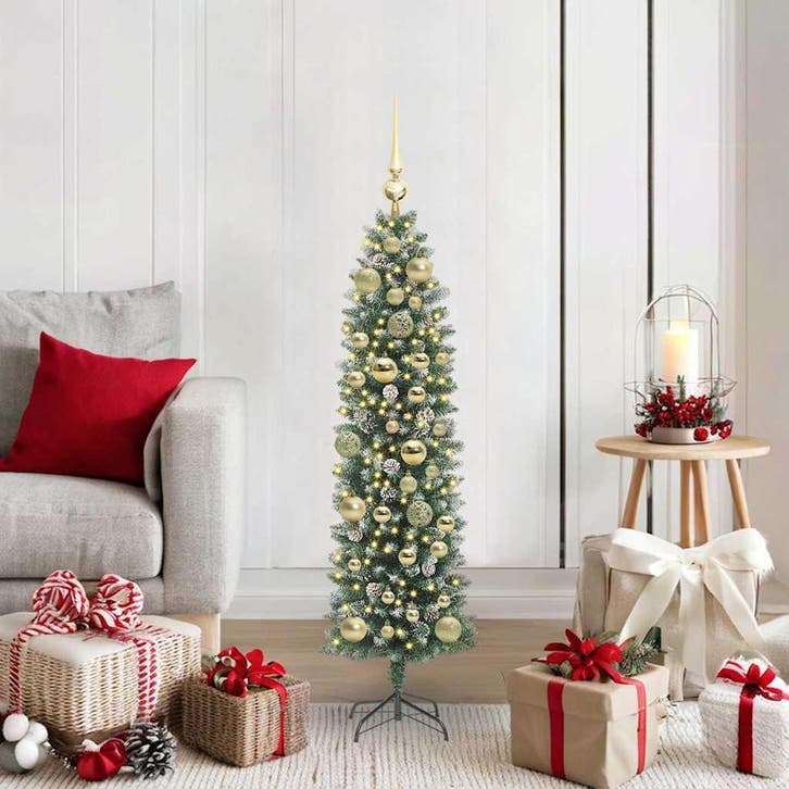 vidaXL Kunstmatige slanke kerstboom met 150 LED Groen en Wit, Diversen, Kerst, Nieuw, Verzenden