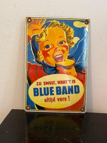 Vintage Blue Band emaille reclamebord – “Altijd vers” –