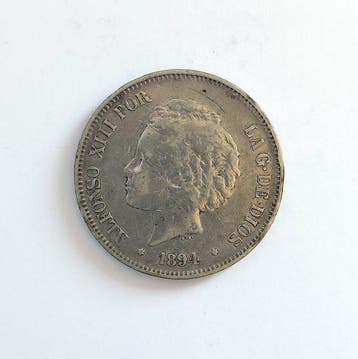Spanje. Alfonso XII. 5 Pesetas 1894 PGV (Zonder
