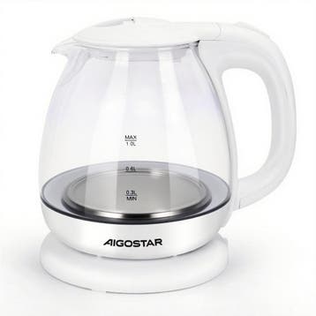 Waterkoker glas - met LED - 1L - 2200W - Wit - Aigostar •, Verzenden, Zo goed als nieuw