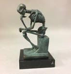 sculptuur, De Denker als skelet - 15 cm - Groen gepatineerd