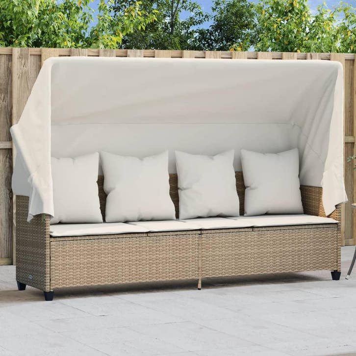 Ligbed met luifel en kussen poly rattan beige, Tuin en Terras, Tuinstoelen, Nieuw, Verzenden