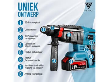 Vesto® Accu Boorhamer - Draadloze Klopboormachine - 21V, Verzenden, Nieuw