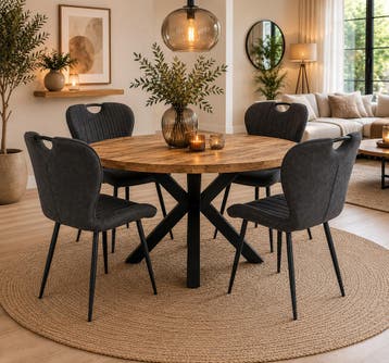 Lars Deal 115cm mango + 4x Stoel Phoenix antraciet, Huis en Inrichting, Stoelen, Ophalen of Verzenden, Nieuw