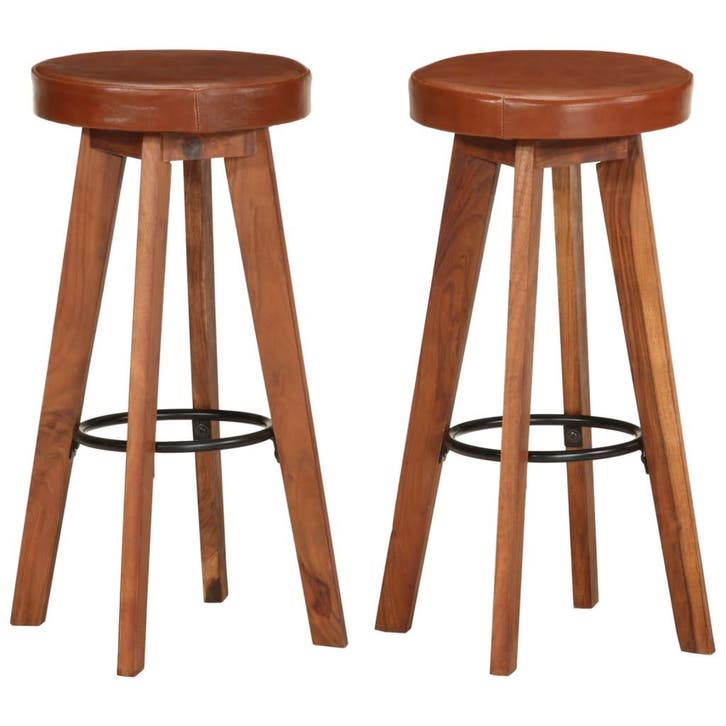 vidaXL Barstoelen 2 st echt leer en massief acaciahout, Huis en Inrichting, Barkrukken, Nieuw, Verzenden
