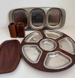 Serveerschaal - Teak - RVS serveerschotel, ronde teakhouten