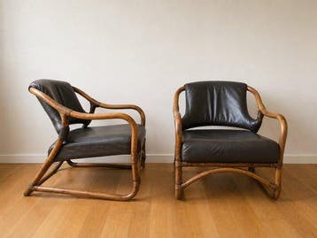 Fauteuil - Leder, Rattan - Paar vintage rattan