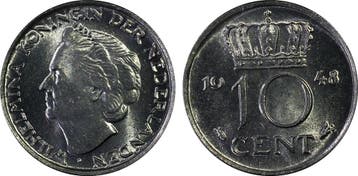 Koningin Wilhelmina 10 cent 1948 MS65 PCGS gecertificeerd, Postzegels en Munten, Verzenden, Koningin Wilhelmina, 10 cent, Losse munt