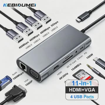 11-in-1 USB-C Hub Docking Station met HDMI, VGA, RJ45 & 100W, Verzenden, Nieuw