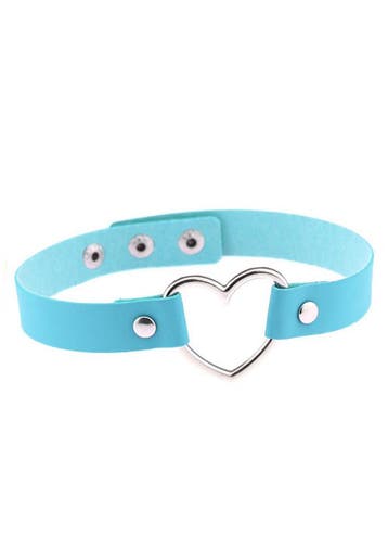 KIMU® Choker Blauw Hartje Pu Leer Collar Ketting Hart Halsba, Kunststof, Verstelbaar, Blauw, Nieuw