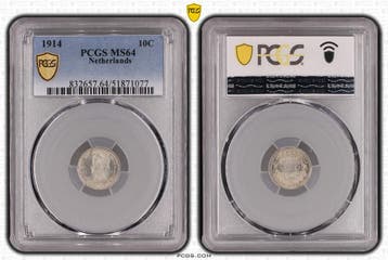 Koningin Wilhelmina 10 cent 1914 MS64 PCGS gecertificeerd, Postzegels en Munten, Munten | Nederland, Verzenden, Zilver, 10 cent