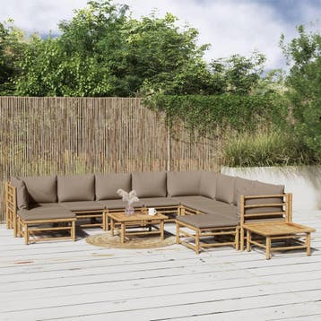 vidaXL 12-delige Loungeset met kussens bamboe taupe, Verzenden, Nieuw, Hout, Loungeset