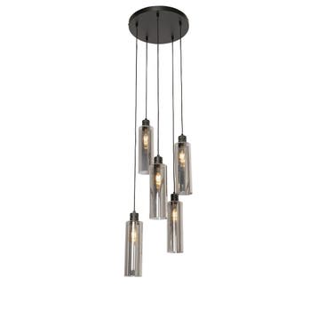 Moderne hanglamp zwart met smoke glas 5-lichts - Stavelot, Verzenden, Nieuw, Glas, Modern