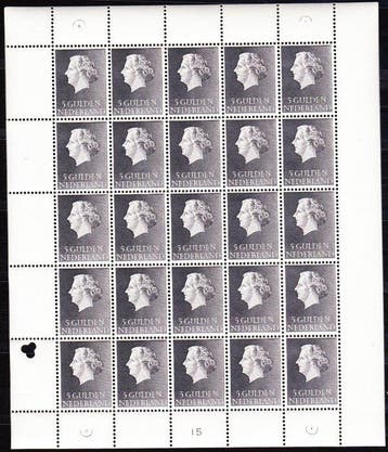 Nederland 1954 - 5 gulden Koningin Juliana in compleet vel, Gestempeld