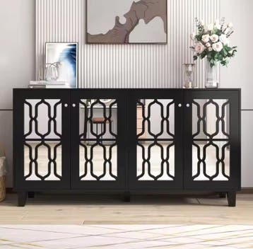 Zwart Glazen Dressoir – Sideboard met 4 Deuren, 160×40×84, Huis en Inrichting, Kasten | Overige, Verzenden, Nieuw