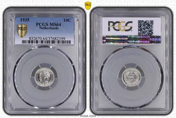 Koningin Wilhelmina 10 cent 1935 MS64 PCGS gecertificeerd, Verzenden, Zilver, 10 cent, Koningin Wilhelmina