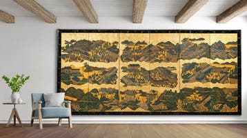 Vouwscherm met Kyoto-genre schilderkunst - Zijde, Papier,