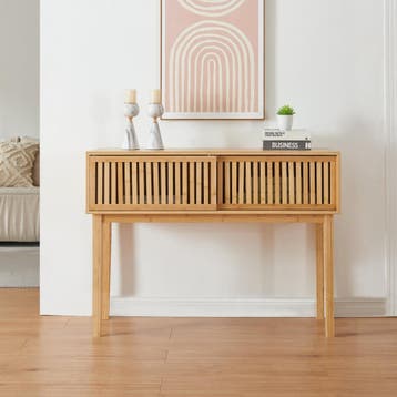 Consoletafel Ypäjä bamboe 110x39x80,5 cm naturel [en.casa], Tuin en Terras, Verzenden, Nieuw