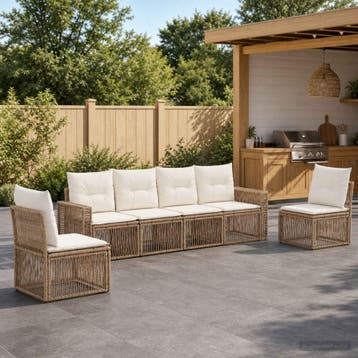 vidaXL Tuinbankenset 6 pcs Beige en Crème Wit poly rattan, Verzenden, Nieuw, 6 zitplaatsen