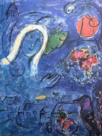 Marc Chagall (after) - Amoureux au Soleil Rouge - Offset