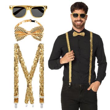 Gouden Partyset Bril, Vlinderstrik en Bretels, Verzenden, Nieuw