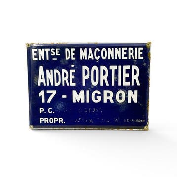 Emaille bord André Portier, metselaarsbedrijf, Migron,