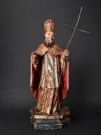 Beeldje, Saint Evêque bénissant - 26 cm - Polychroom hout, Antiek en Kunst