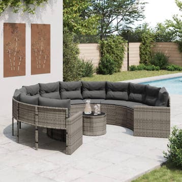 vidaXL Tuinbank met tafel en kussens rond poly rattan grijs, Verzenden, Nieuw