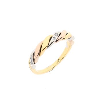 Tricolor gouden ring met diamanten; 0,02 ct., Gebruikt, Ophalen of Verzenden, 17 tot 18, Met edelsteen