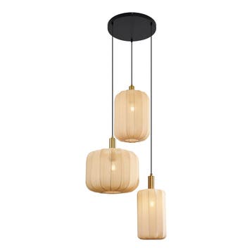 Japandi hanglamp zwart en goud met beige kap 3-lichts -, Verzenden, Nieuw, Japandi