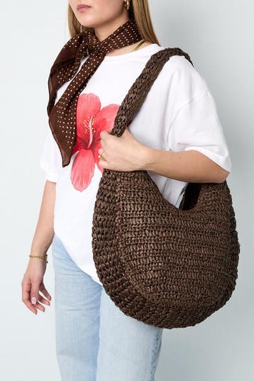 Ronde Strandtas van Strovlechtwerk | Donkerbruin | Vakantie, Sieraden, Tassen en Uiterlijk, Tassen | Damestassen, Verzenden, Nieuw