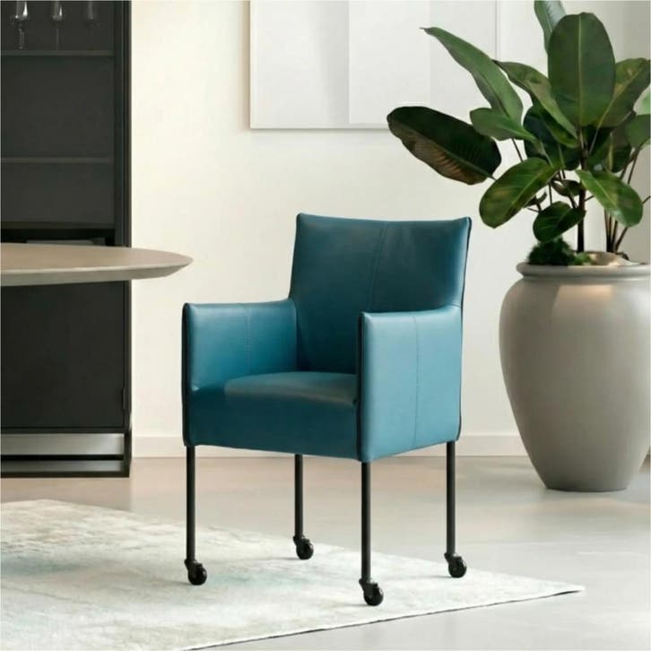 Set van 4 Leren eetkamerstoelen More - Toledo Turquoise, Huis en Inrichting, Stoelen, Nieuw, Leer, Ophalen of Verzenden