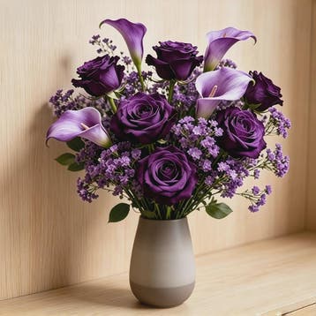 Kunstboeket Paarse Rozen, Calla Lelies & Gipsenkruid - 16 St, Verzenden, Nieuw