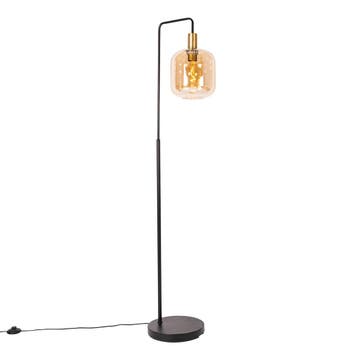 Design vloerlamp zwart met messing en amber glas - Zuzanna, Huis en Inrichting, Lampen | Vloerlampen, Verzenden, Nieuw, Glas, Design