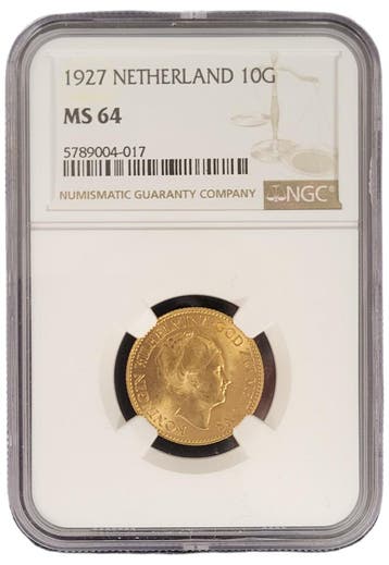 Gouden Wilhelmina 10 gulden 1927 MS64 NGC gecertificeerd, Verzenden, Goud, Koningin Wilhelmina, Losse munt