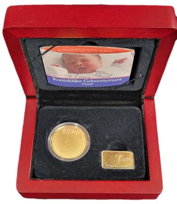 Gouden 50 euro 2004 Proof : Geboortemunt prinses Amalia, Verzenden, Losse munt, Goud
