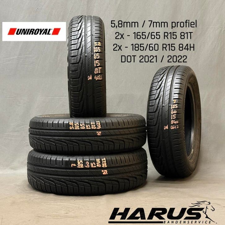 165/65/15 185/60/15 Uniroyal zomerbanden 5,8/7mm profiel 4X, Auto-onderdelen, Banden en Velgen, 15 inch, Erkend duurzaam, Zomerbanden