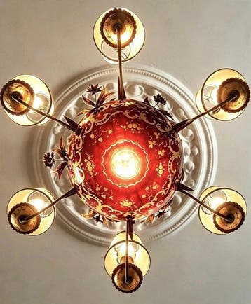 Kroonluchter - Goudrubinglas - verguld - Vintage -, Antiek en Kunst