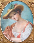 Antoine Pesne (1683-1757), Navolger van - Lady In A Straw, Antiek en Kunst