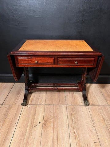 Bijzettafel - Hout, Leder, Messing